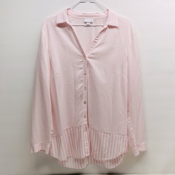 J.Jill pink striped tunic top size M long sleeves button down - Picture 1 of 6